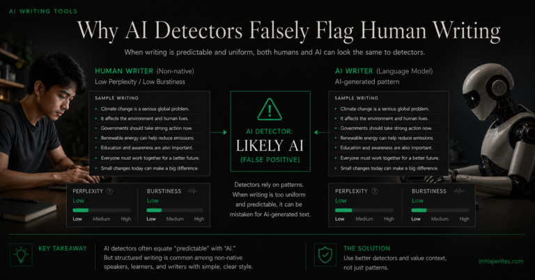 Diagram showing why AI detectors flag your writing as AI: a non-native human writer and an AI language model produce identical low-perplexity, low-burstiness sentences, triggering a false positive.