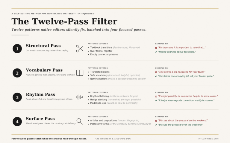 The Twelve-Pass Filter: a four-pass self-editing method for non-native English writers, batching twelve common patterns into Structural, Vocabulary, Rhythm, and Surface passes.