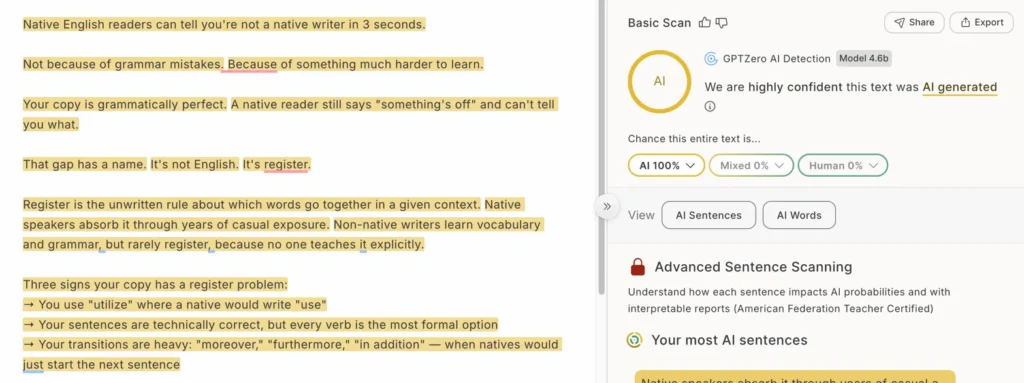 GPTZero screenshot showing a human-written LinkedIn post rated 100% AI generated with high confidence.