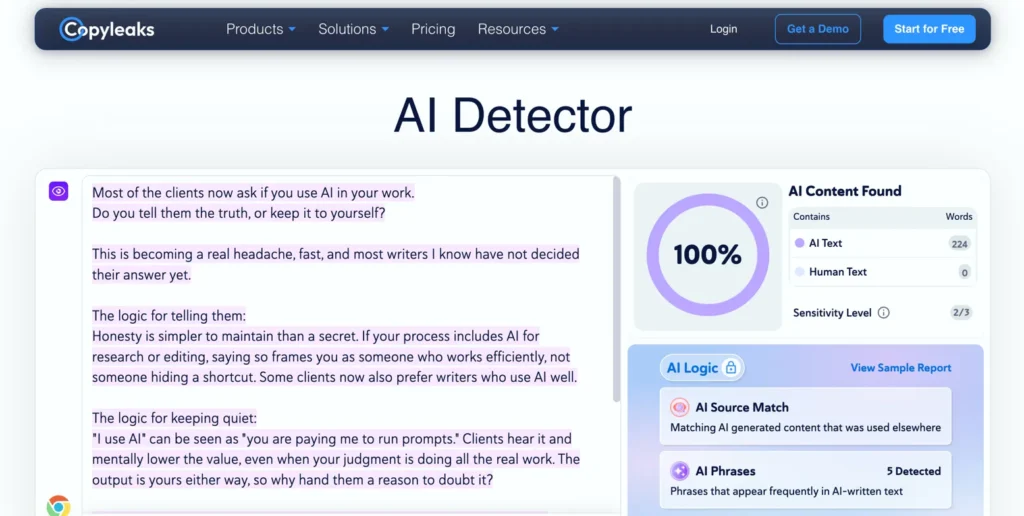 Copyleaks screenshot showing a human-written LinkedIn post rated 100% AI with 224 AI words and 0 human words