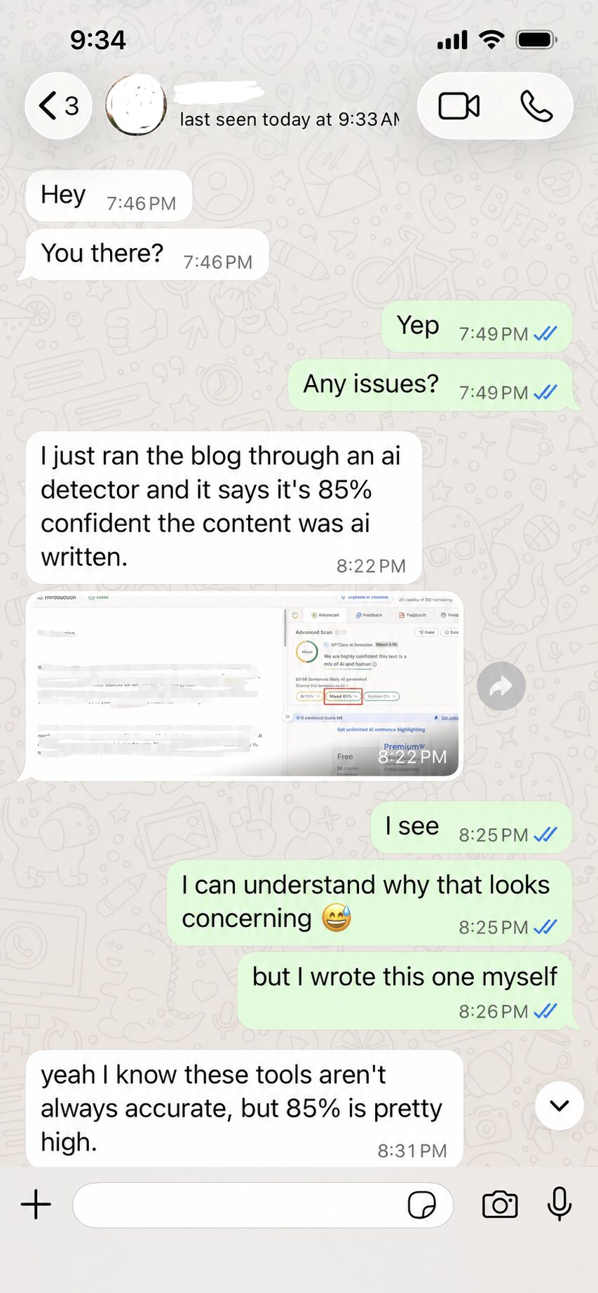 Client questioning AI detector score and Offering Google Docs version history as proof
