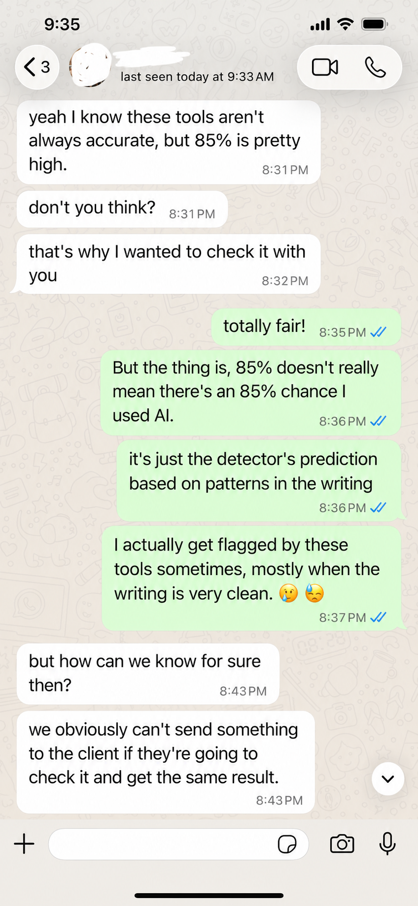 Client questioning AI detector score and Offering Google Docs version history as proof