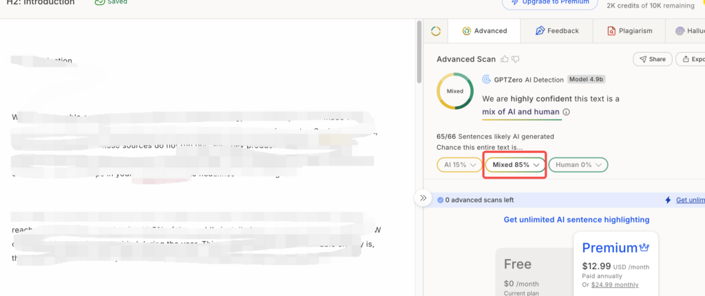 GPTZero showing Mixed 85 percent on human-written article