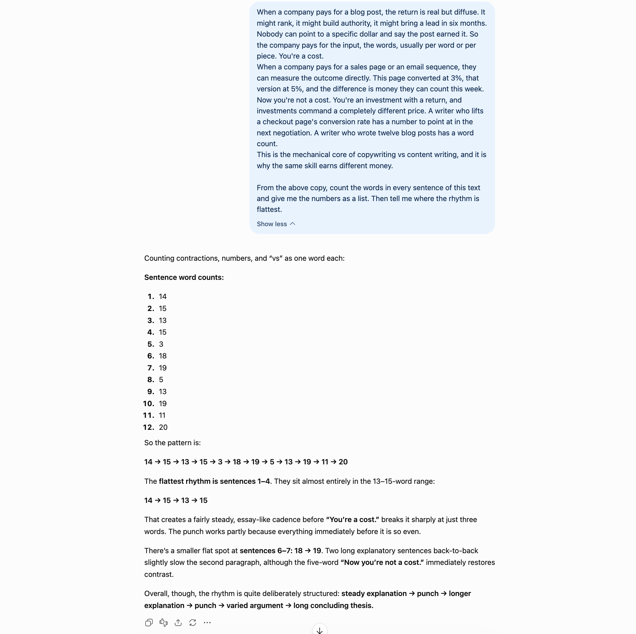 ChatGPT rhythm audit output listing sentence word counts and identifying the flattest stretch