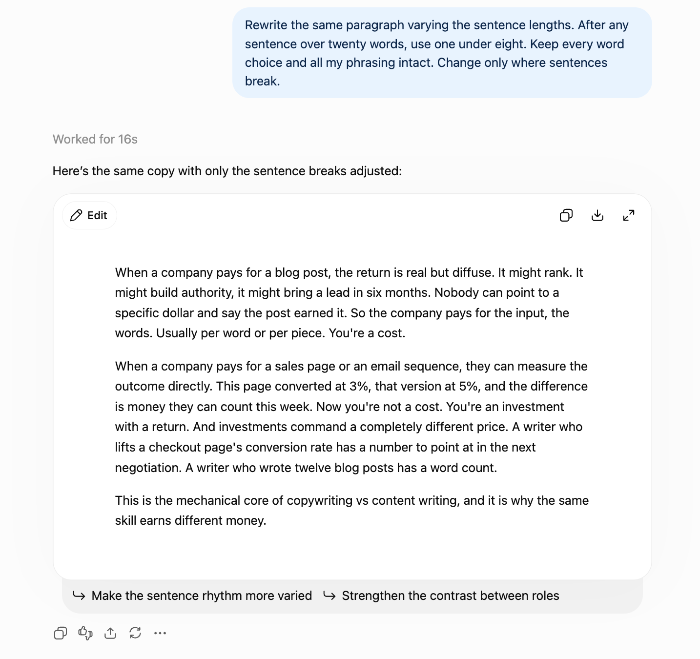ChatGPT rewriting a paragraph for varied sentence length while keeping the original wording