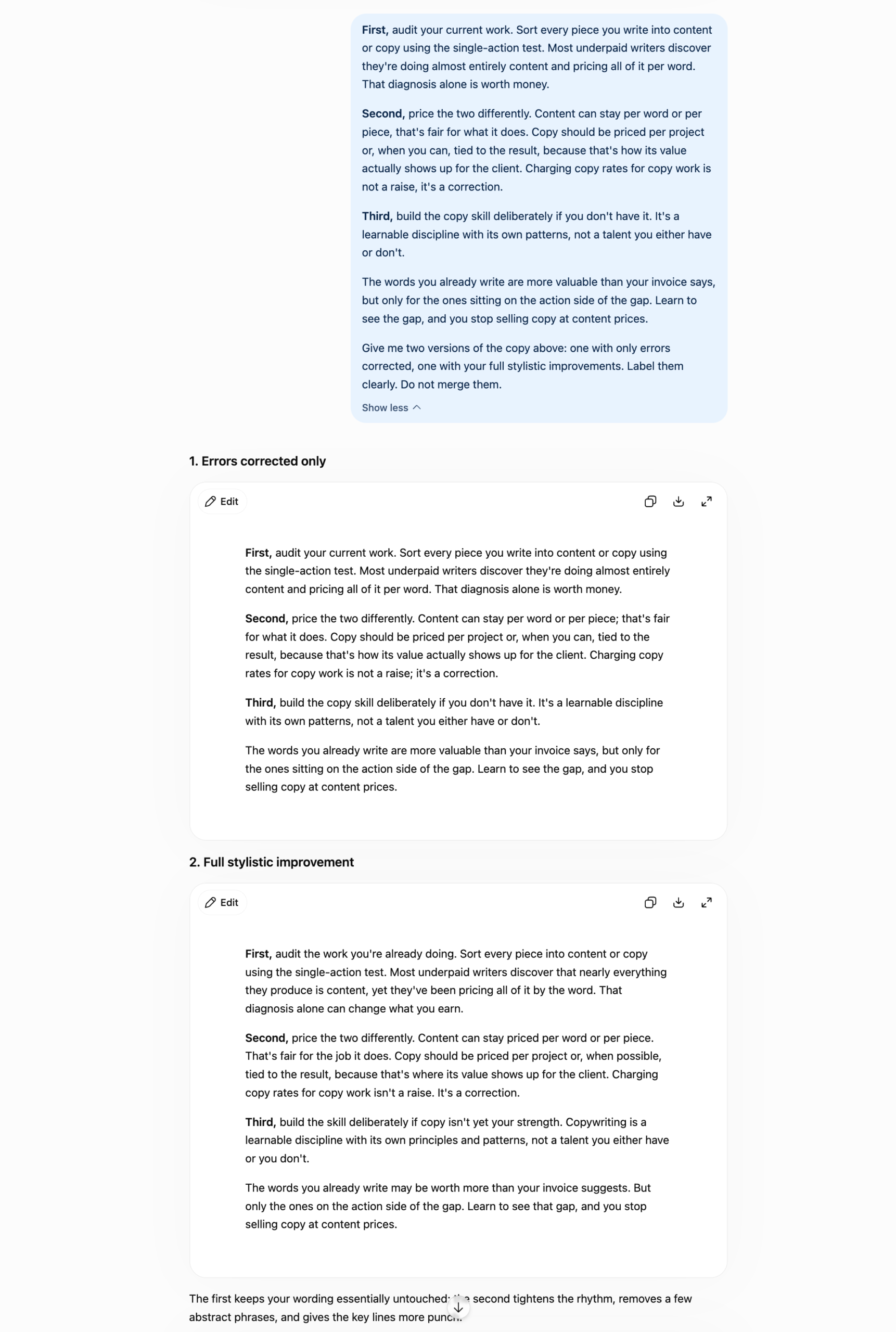 ChatGPT returning two labeled versions, errors corrected only and full stylistic improvement